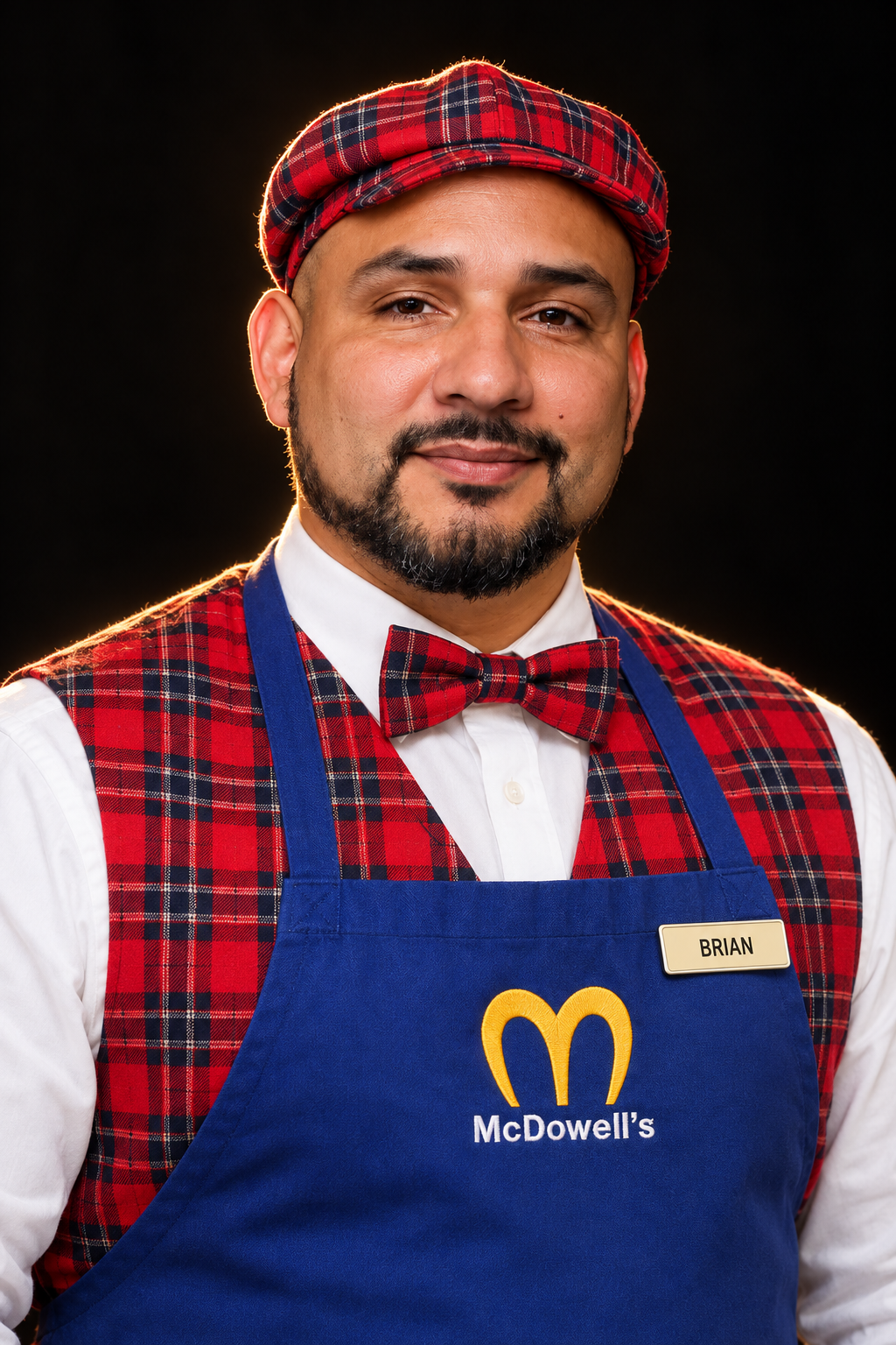 Brian Galvan in a McDowell’s plaid cap, vest, and blue apron with his Brian name badge—a playful edit of his portrait