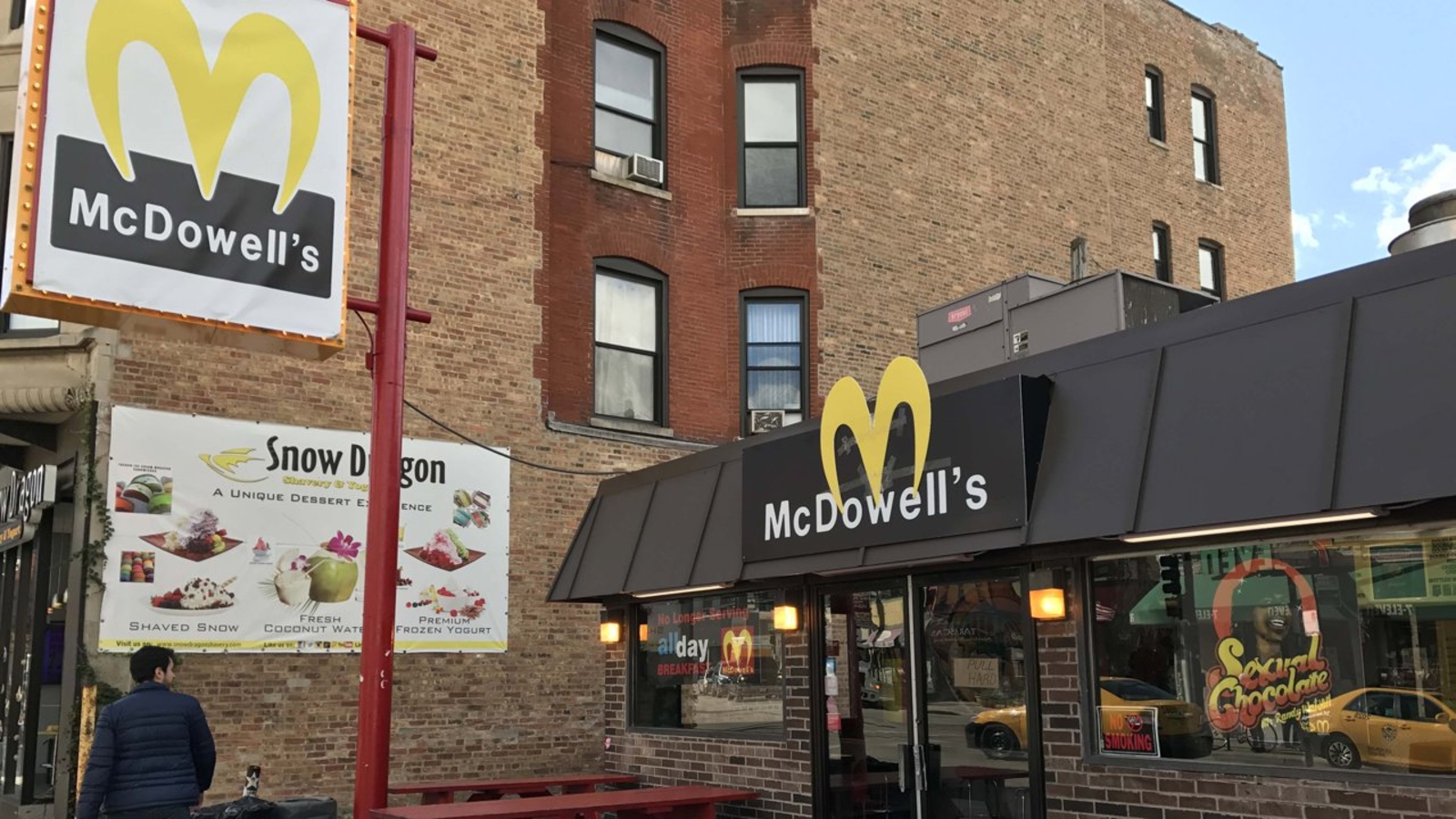 Chicago’s Wieners Circle dressed as McDowell’s for a Halloween tribute, with Golden Arcs signs